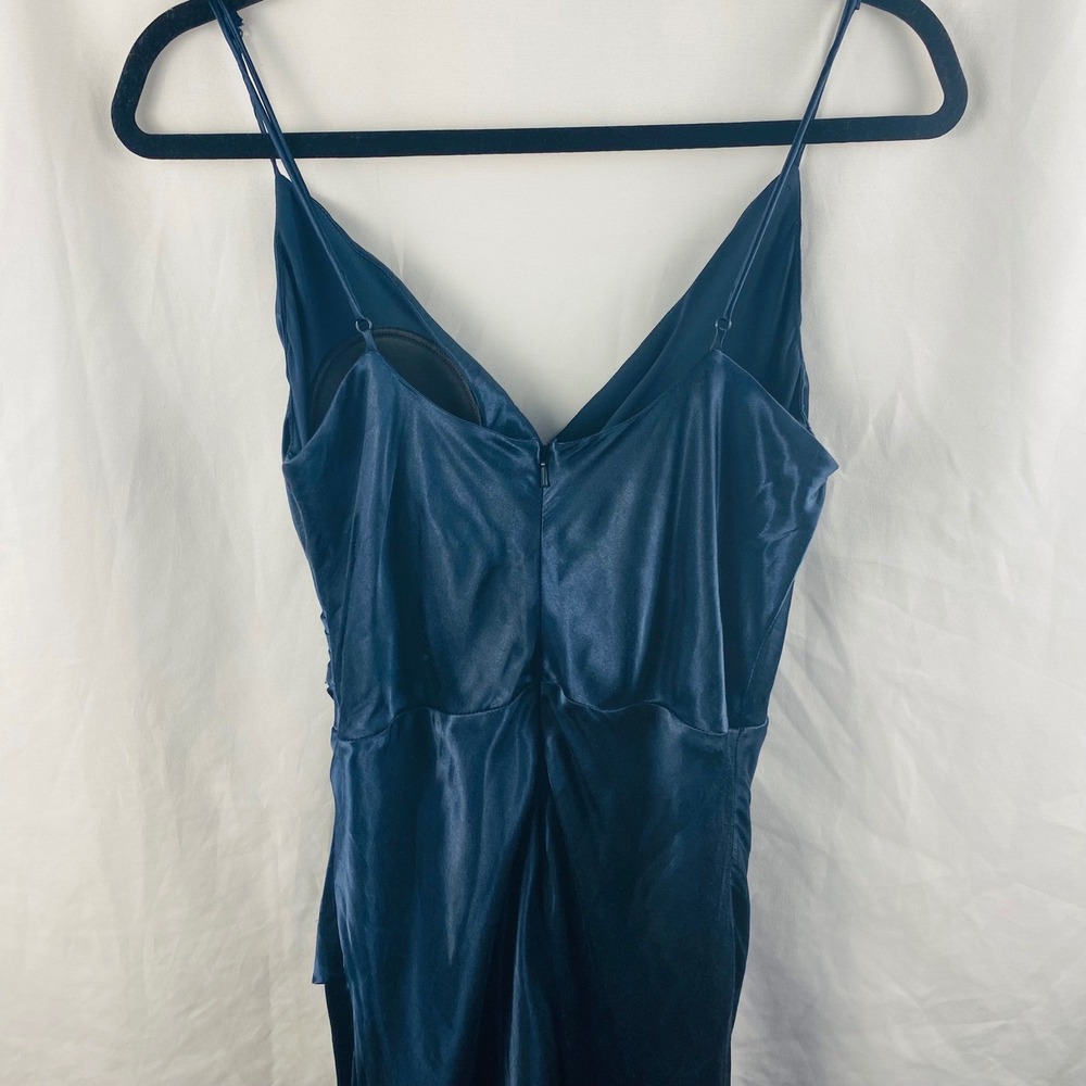 Bardot Navy Blue Satin Wrap Style Formal Dress 10/Large Leg Slit Maxi Bridesmaid - Picture 6 of 8